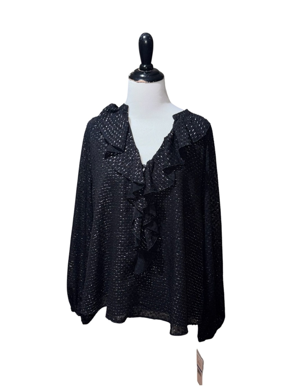 Nanette Lepore Women's Size XL Secretary Blouse Ruffled V-Neckline Silver Thread